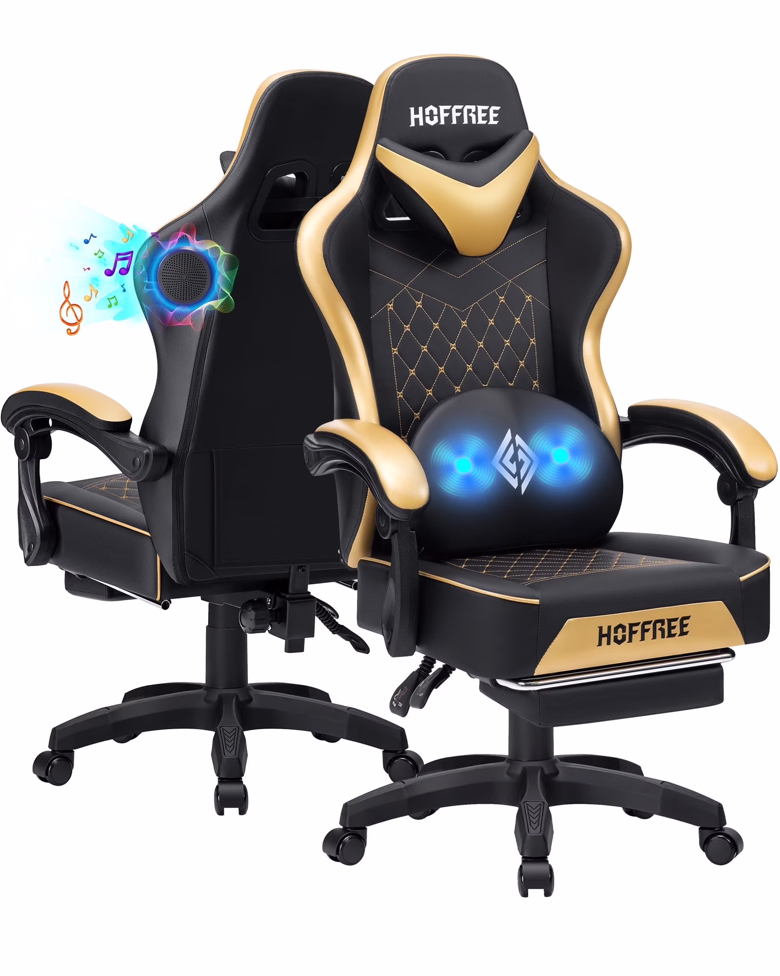 Hoffree Gaming Chair with Speakers PU Gamer Chair with footrest and massage Egonomic Computer Game Chair with Headrest and Lumbar Support for Adults and Office Gaming, 440 LBS