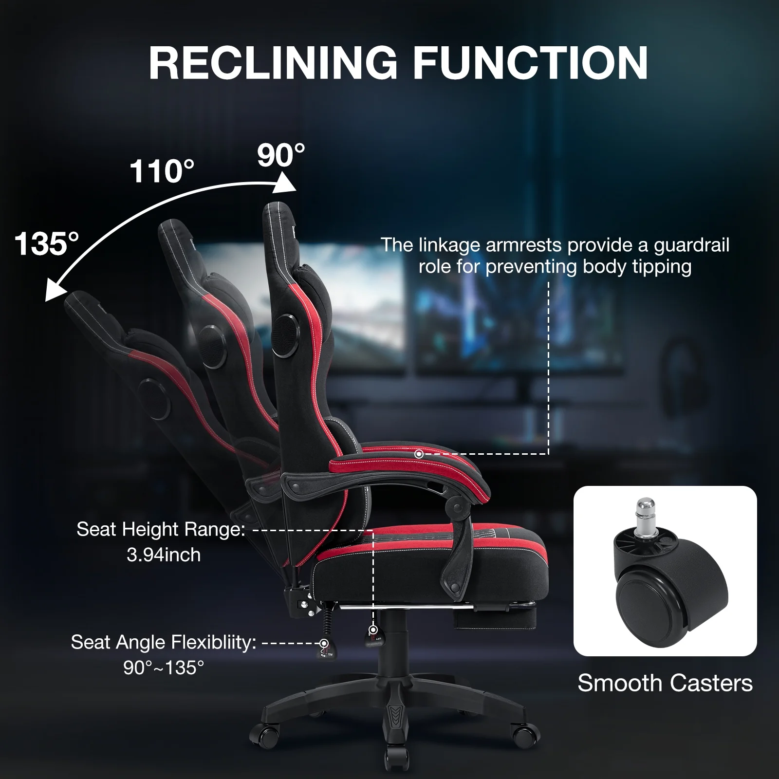 Hoffree Gaming Chair with Speakers Fabric Gamer Chair with footrest and massage Big and Tall Video Game Chair with Headrest and Lumbar Support for Adults