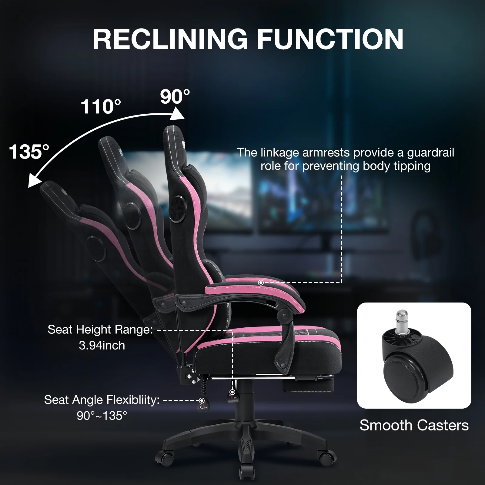 Hoffree Gaming Chair with Speakers Fabric Gamer Chair with footrest and massage Big and Tall Video Game Chair with Headrest and Lumbar Support for Adults
