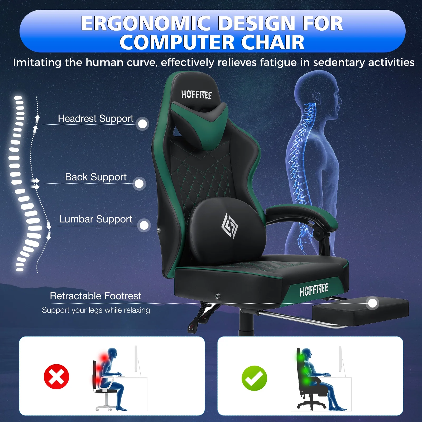 Hoffree Gaming Chair with Speakers PU Gamer Chair with footrest and massage Egonomic Computer Game Chair with Headrest and Lumbar Support for Adults and Office Gaming, 440 LBS
